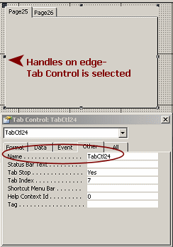 Tab Control selected, with its Properties dialog