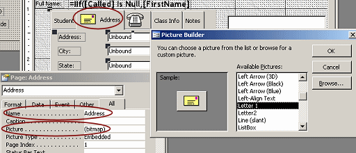 Form Design View: icons on tabs, Picture Builder dialog, Properties dialog