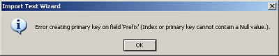 Message: Error creating primary key on field 'Prefix' (Index or primary key cannot contain a Null value.).