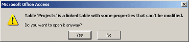 Message: Table is linked with some properties that can't be modified.