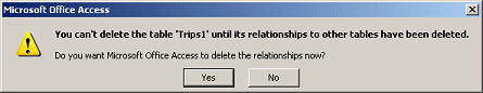 Message: Can't delete table until its relationships to other tables have been deleted