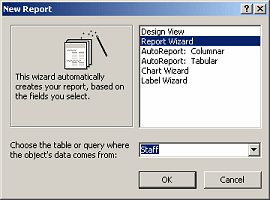 Dialog: New Report - Report Wizard and Staff table