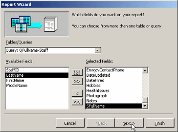 Report Wizard: Step 1 - select fields