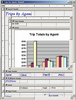 Report Design View: Trips by Agent with chart