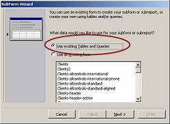 Subform Wizard: Step 1 - Use existing