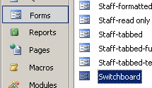 Database Window: Forms: Switchboard