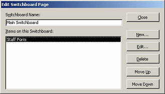 Dialog: Switchboard Page - shows new item for Staff Form