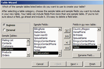 Dialog: Table Wizard - selecting fields