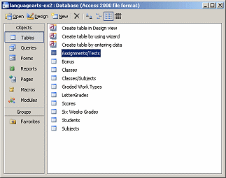 Database Window: Tables