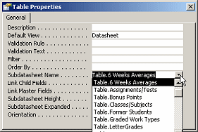Table Properties - Subdatasheet Name - list dropped