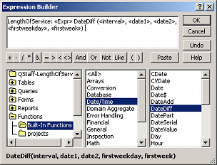 Expression Builder: DateDiff inserted with placeholders