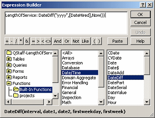 Expression Builder: DateDiff function