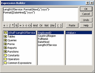 Expression Builder: LengthOfService: Format(Now(),"yyyy")-Format([DateHired],"yyyy")