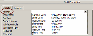 Table Design View: Field Properties - Date/Time type