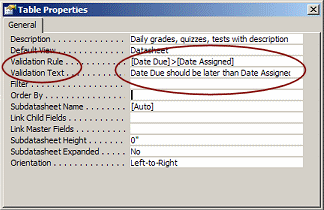 Table Properties - Validation rule and Validation text