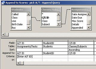 Query Design View: Append to Scores - pick A/T