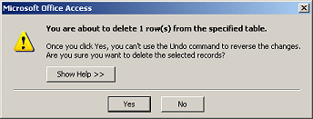 Message: You are about to delete 1 row(s) from the specified table.