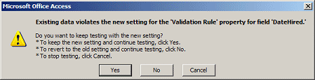 Message: Existing data violates the new setting...