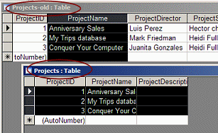 Old and new Projects tables with data copied and pasted.