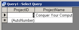 Query Datasheet View: Projects table, ProjectName= Like "computer"