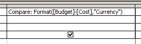 Query Design View: Compare: Format([Budget]-[Cost],"Currency")