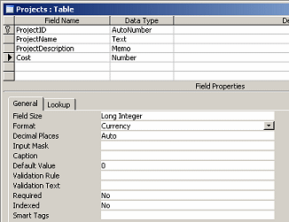 Table Design View: Projects, new field Cost with Currency format