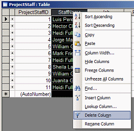 ProjectStaff  table with StaffName selected - popup menu = Delete Column