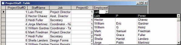 ProjectStaff table, using Lookup field