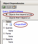 Task Pane: Object Dependencies - QStaff-FullName - depend on me
