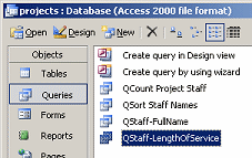 Database Window: Queries - QStaff-LengthOfService