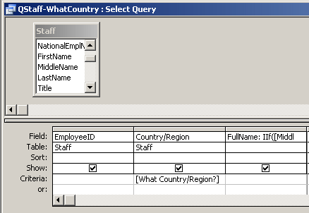 Query Design View: Parameter query - [What Country/Region?]