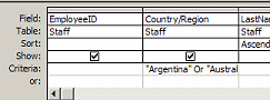 Query Design View: combining criteria for a single field: Argentina Or Australia