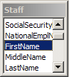Staff table in query design. FirstName field is selected.