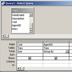 Query Design View: Trips: Sum of Cost by agent