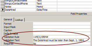 Design View: Staff - Date Hired, with validation rule and text