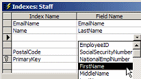 Indexes: Staff - select a field name from the drop list