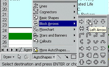 Menu: Drawing | AutoShapes | Block Arrows | Left arrow