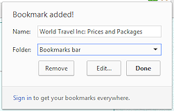Dialog: Bookmark Added - Prices and Packages (Chrome 34)
