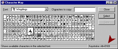 Character Map - showing Wingdings