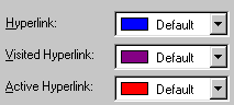 Default color choices for hyperlinks: LInk in blue, visited link in purple, active link in red