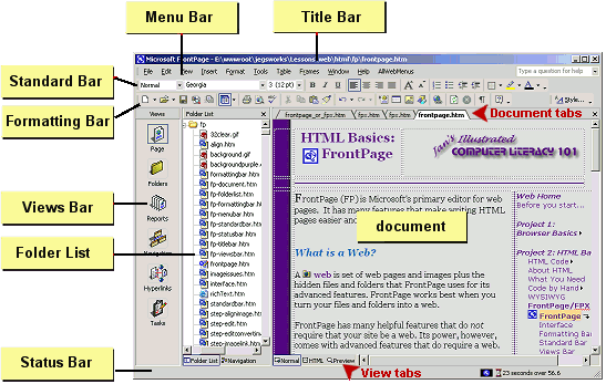 Front Page window with parts labeled