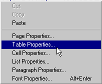 Right Click Menu: Table Properties