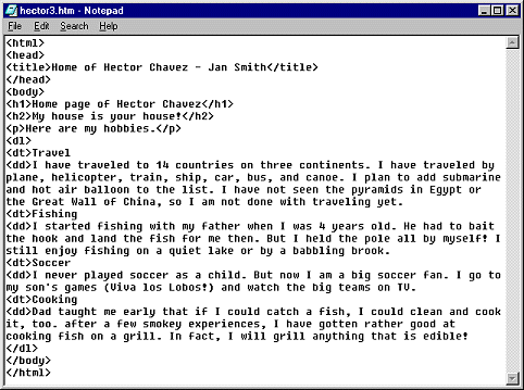 Notepad showing hector3.htm