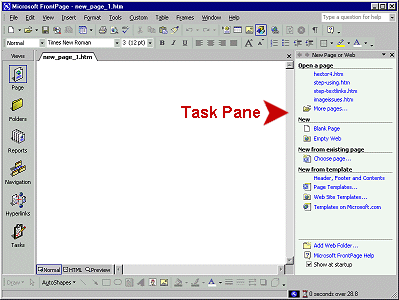Opening FrontPage window with blank document and Task Pane