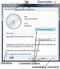 Dialog: Date and Time, tab = Date and Time (Vista)