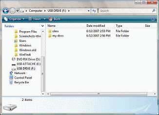 Computer window showing contents of USB drive (Vista)
