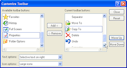 Dialog: Customize Toolbar, with added buttons (‌WinXP)