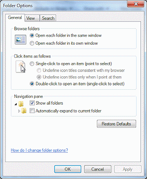 Dialog: Folder Options > General tab (Win7)