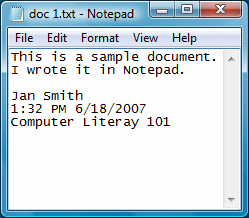 Notepad with doc 1.txt displayed (Vista)