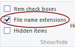 Ribbon: View > Show/Hide tab group > check box for File name extensions (Win8)